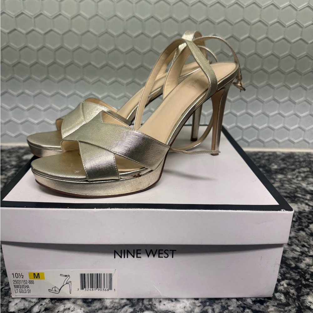Nine West Gold High-Heeled Sandals with Crisscross Straps